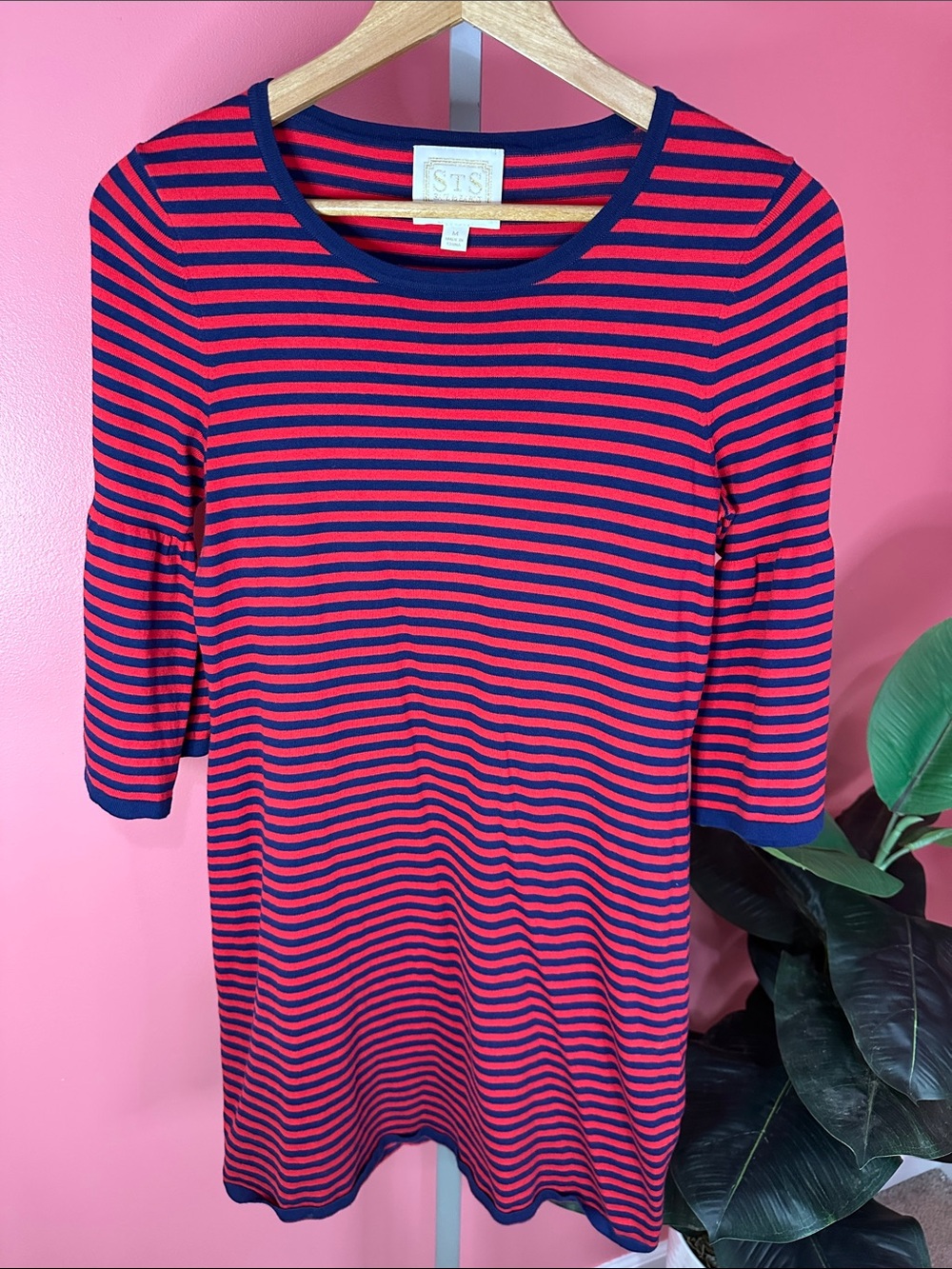 Sail to Sable Red/Navy Striped Bell Sleeve Sweater Dress - Sz M